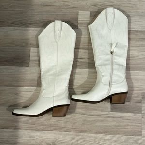 Below knee white boots